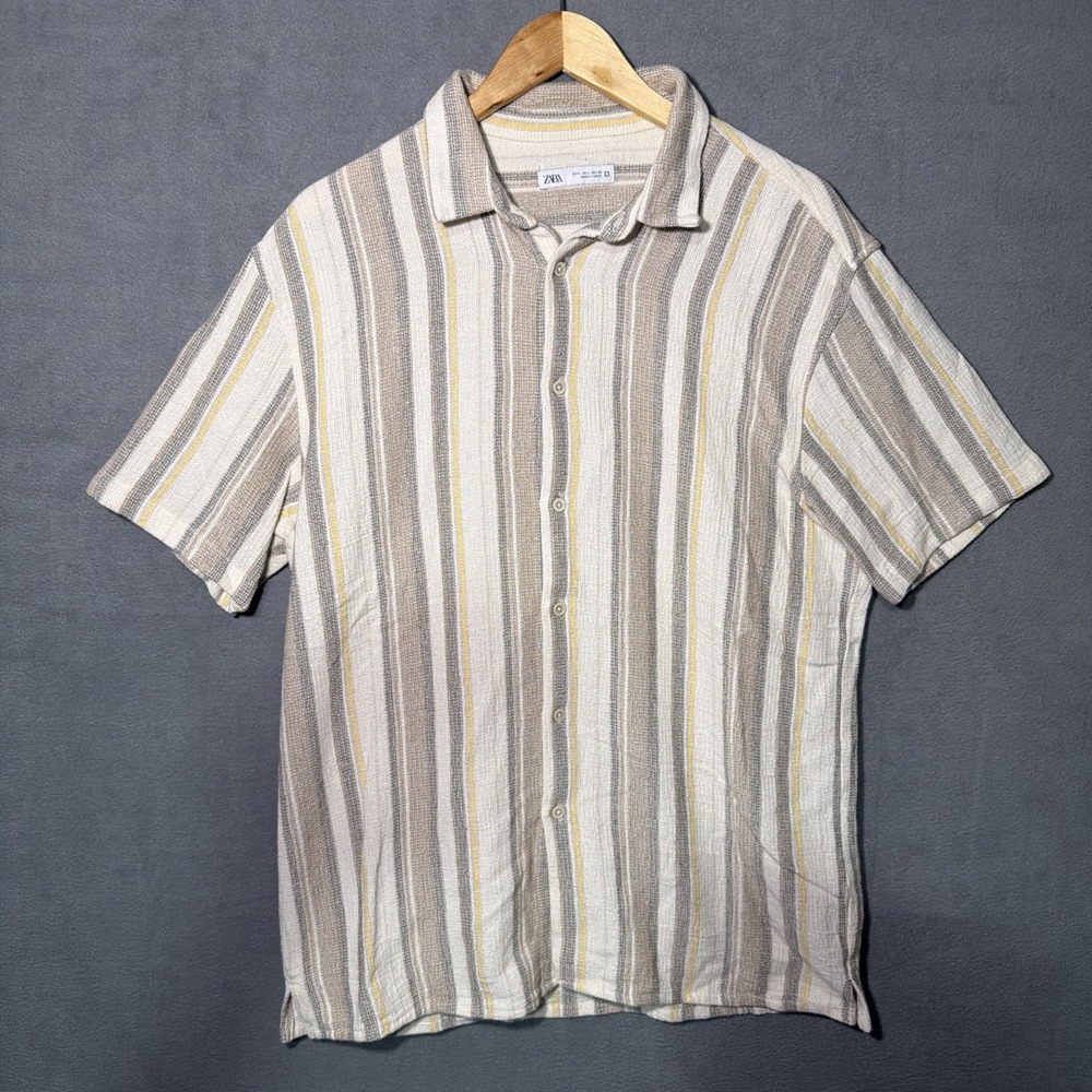 Zara Textured Resort Shirt Large Striped Short Sleeve Cuban Collar Summer Beige